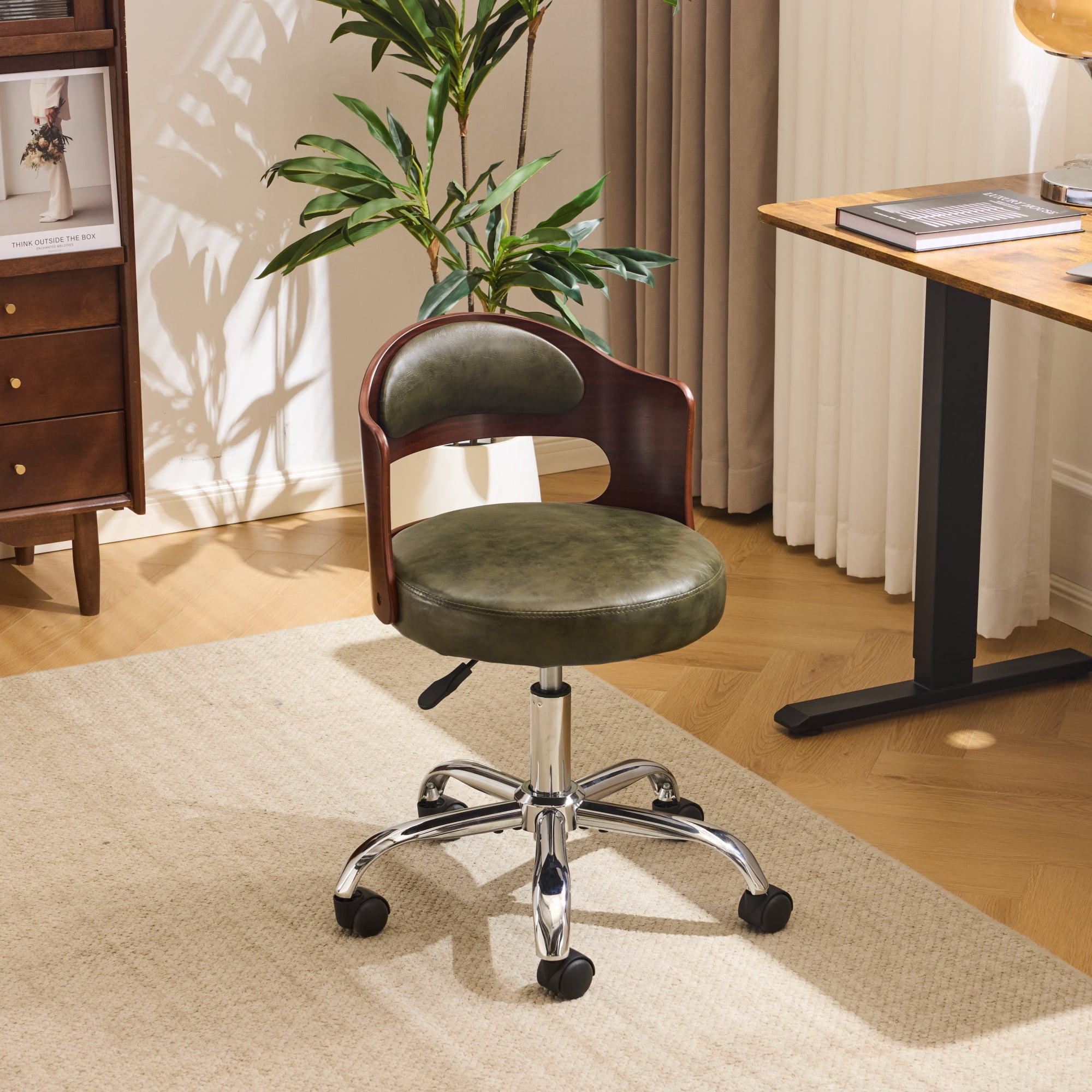 Zimtown Faux Leather Home Office Desk Chair, Swivel Rolling Computer Chair, Adjustable Vanity Chair Modern Task Chair for Adults, Olive Green