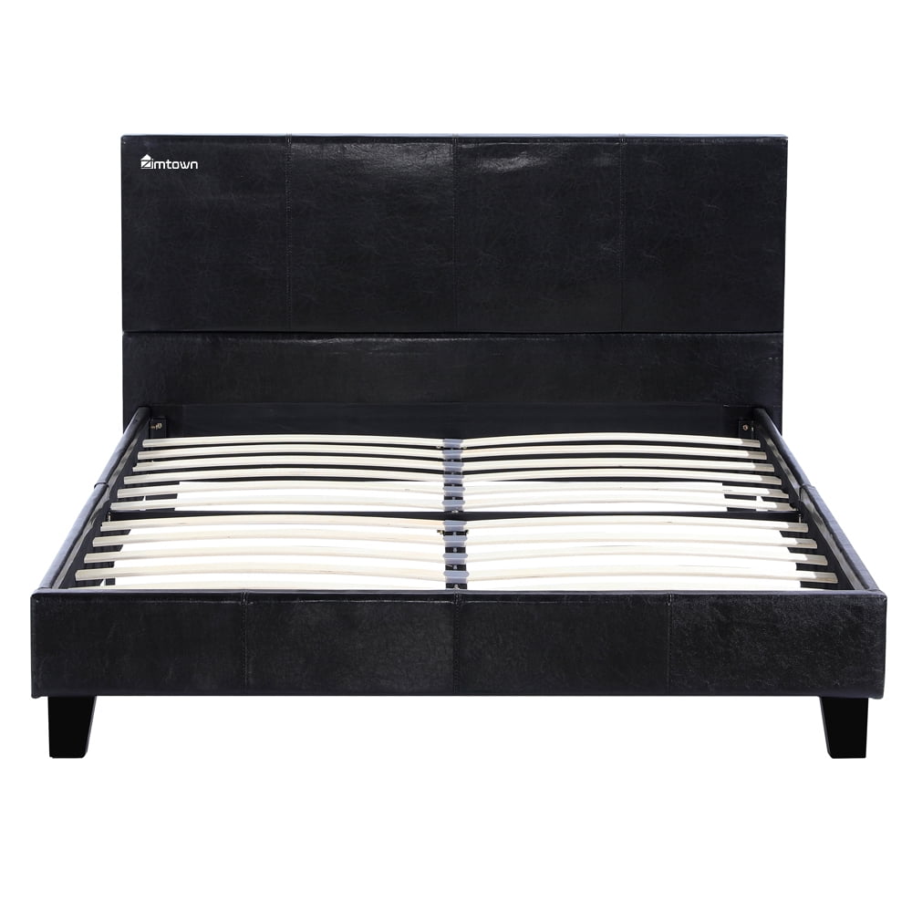Zimtown Faux Leather Upholstered Twin Size Modern Platform Bed Frame Mattress Support with Wood Slats, Metal Frame, Headboard, Footboard, Black