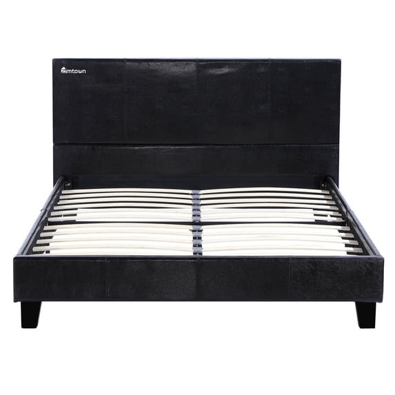 Zimtown Faux Leather Upholstered Twin Size Modern Platform Bed Frame Mattress Support with Wood Slats, Metal Frame, Headboard, Footboard, Black