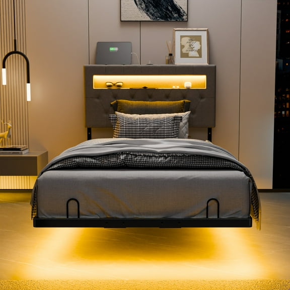 Zimtown Floating Bed Frame Twin Size Metal Platform Bed for Bedroom, No Box Spring Needed, Gray