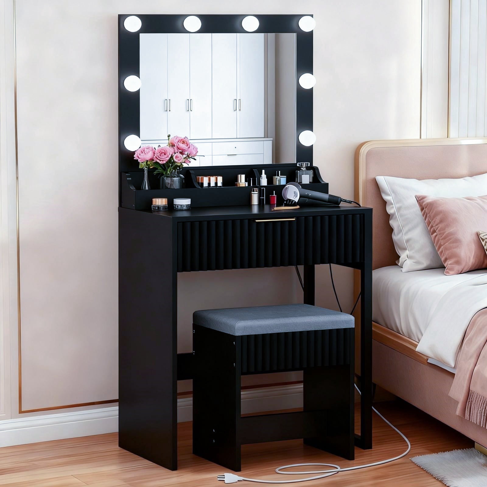 Zimtown Vanity Desk Set with Mirror, Makeup Vanity Table with 8 LED