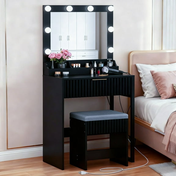 Zimtown Vanity Desk Set with Mirror, Makeup Vanity Table with 8 LED Lights and Charging Station, Dressing Desk for Bedroom, Black