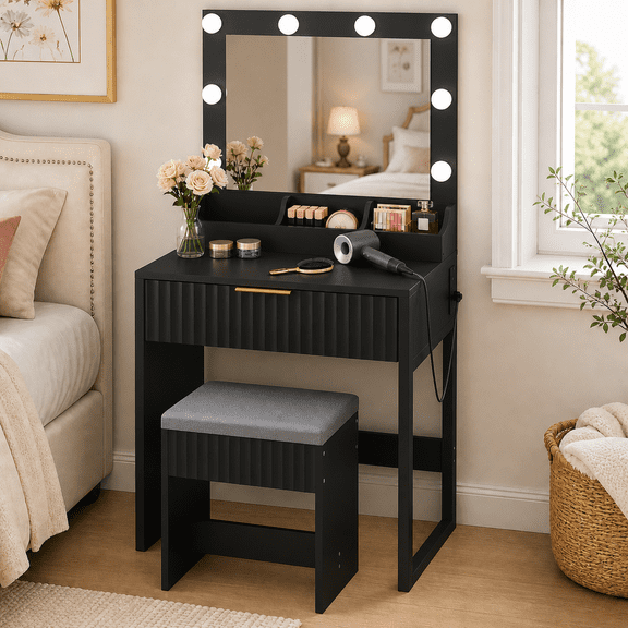 Zimtown Vanity Desk Set with Mirror, Makeup Vanity Table with 8 LED Lights and Charging Station, Dressing Desk for Bedroom, Black