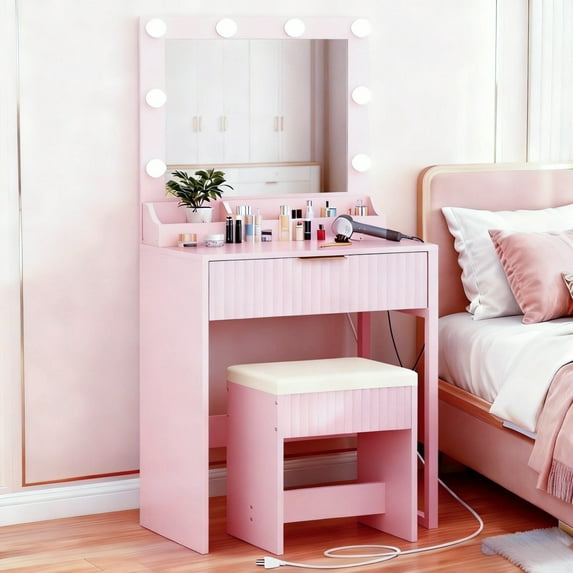 Zimtown Vanity Desk Set with Mirror, Makeup Vanity Table with 8 LED Lights and Charging Station, Dressing Desk for Bedroom, Pink