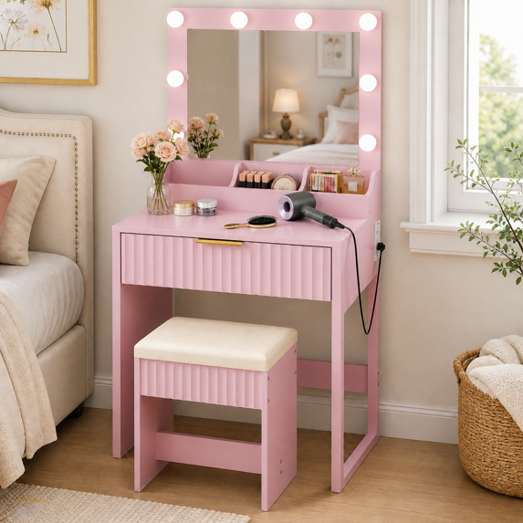 Zimtown Vanity Desk Set with Mirror, Makeup Vanity Table with 8 LED Lights and Charging Station, Dressing Desk for Bedroom, Pink