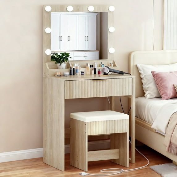 Zimtown Vanity Desk Set with Mirror, Makeup Vanity Table with 8 LED Lights and Charging Station, Dressing Desk for Bedroom, Wood Color