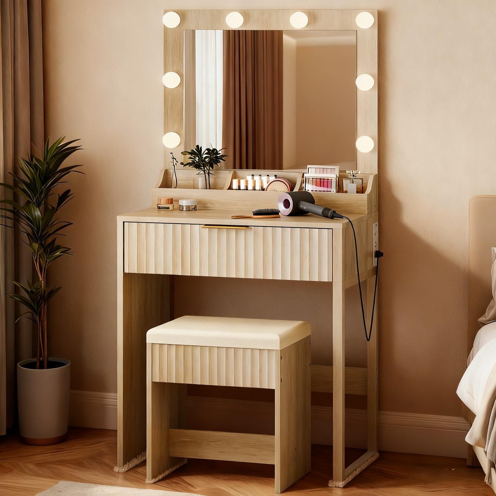 Zimtown Vanity Desk Set with Mirror, Makeup Vanity Table with 8 LED Lights and Charging Station, Dressing Desk for Bedroom, Wood Color
