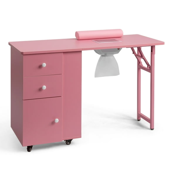 Zimtown Foldable Nail Table w/Dust Collector, Lockable Wheels, 2 Drawers, Pink