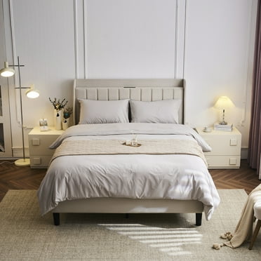 Zimtown Full Bed Frame with Charging Station, Platform Bed Frame with Upholstered Headboard, Modern Deluxe Wingback, Wood Slat Support, Mattress Foundation, Beige