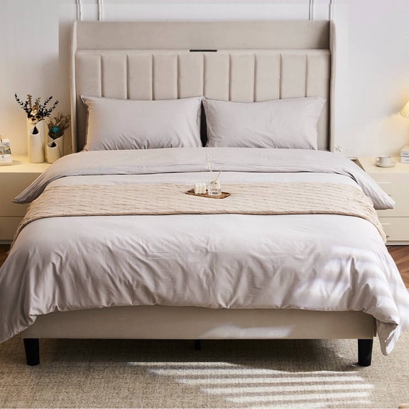 Zimtown Full Bed Frame with Charging Station, Wingback Platform Bed Frame , Mattress Foundation, Beige