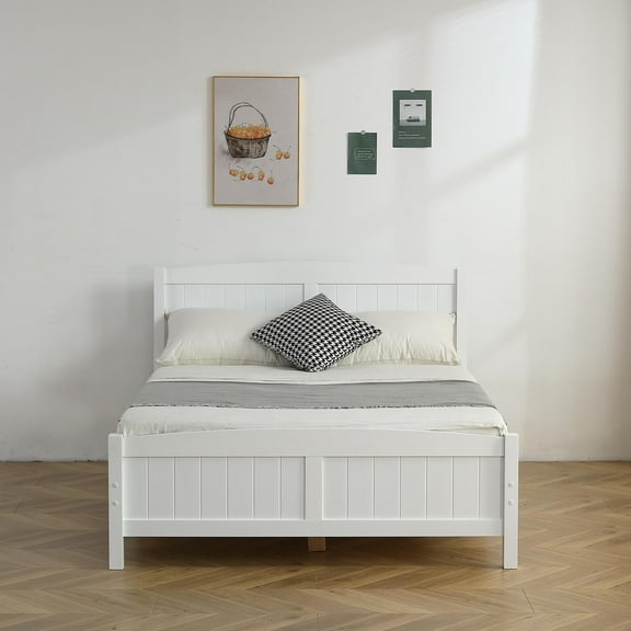 Zimtown Full Bed Frame,Solid Pine Wood Twin Platform Bed Frame, Bedroom Full Bed with Headboard for Adults, White