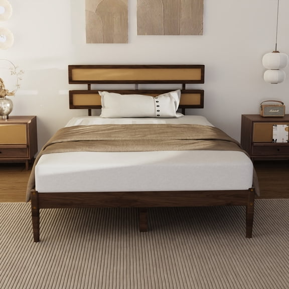 Zimtown Full Bed Frame with Rattan Headboard, Solid Wood Platform Bed Frame with Support Slats, Brown