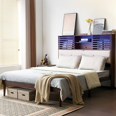 Zimtown Full Bed Frame with Upholstered Storage Headboard and LED Lights,  Platform Bed with Charging Station, Espresso