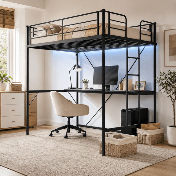 Zimtown Full Loft Bed with Desk, Metal Bunk Bed Frame with LED Light and 2 Charging Station, with Ladder for s s Adults, Black