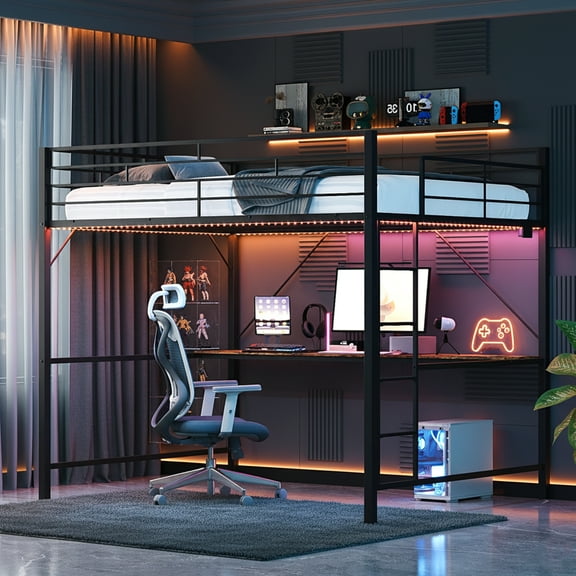 Zimtown Full Loft Bed with Desk with LED, 15.74" Guardrail Height, Metal Bunk Bed Frame,Heavy Duty Metal Slat Support,Black