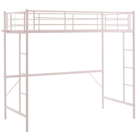 Zimtown Full Loft Bed with Stairs Metal Single Loft Bunk Bed with Safety Guard Rails & 2 Side Ladder, Pink