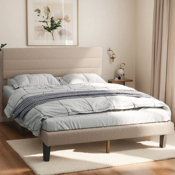 Zimtown Full Platform Upholstered Bed Frame with Soft Adjustable Headboard, Wooden Mattress Foundation,No Box Spring Needed, Beige