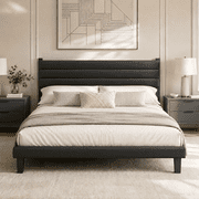 Zimtown Full Platform Upholstered Bed Frame with Soft Adjustable Headboard, Wooden Mattress Foundation,No Box Spring Needed, Black