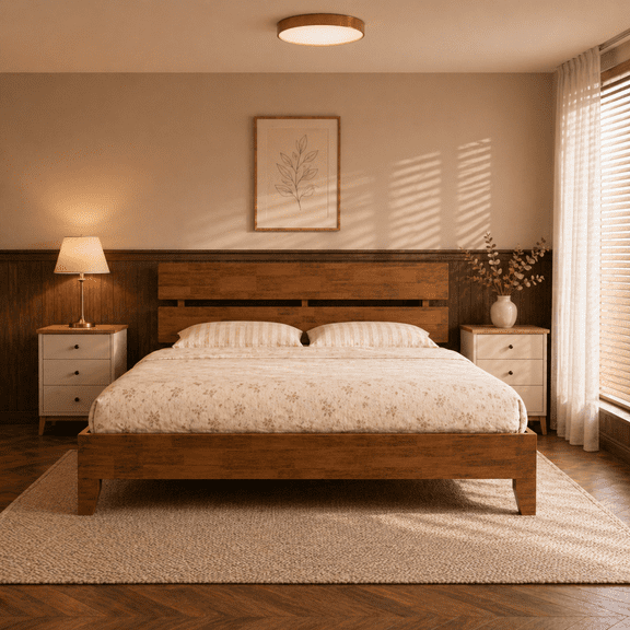 Zimtown Full Size Bed Frame,Solid Rubber Pine Wood Platform Bed Frame, Bedroom Bed with Headboard, Brown