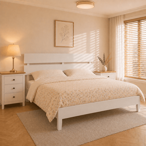 Zimtown Full Size Bed Frame,Solid Rubber Pine Wood Platform Bed Frame, Bedroom Bed with Headboard, White
