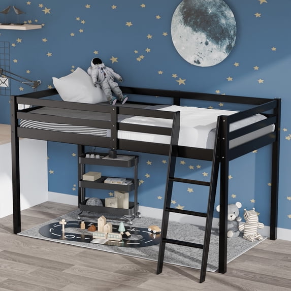 Zimtown Full Size Junior Low Loft Bed with Stairs, White Wood Bunk Bed Frame, No Box Spring Required, Black