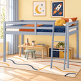 thumbnail image 1 of Zimtown Full Size Junior Low Loft Bed with Stairs, White Wood Bunk Bed Frame, No Box Spring Required, Gray, 1 of 10