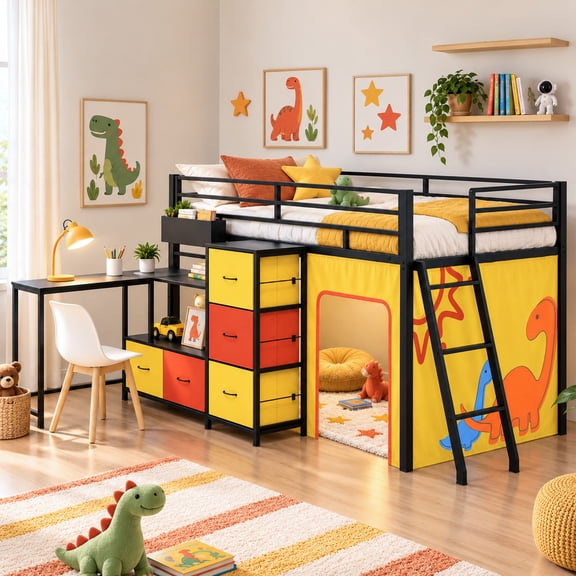 Zimtown Full Size Low Loft Bed with L Shaped Desk and 5 Storage Drawers, Low Profile Floor Bunk Bed Frame with USB Charging and LED Light, Black