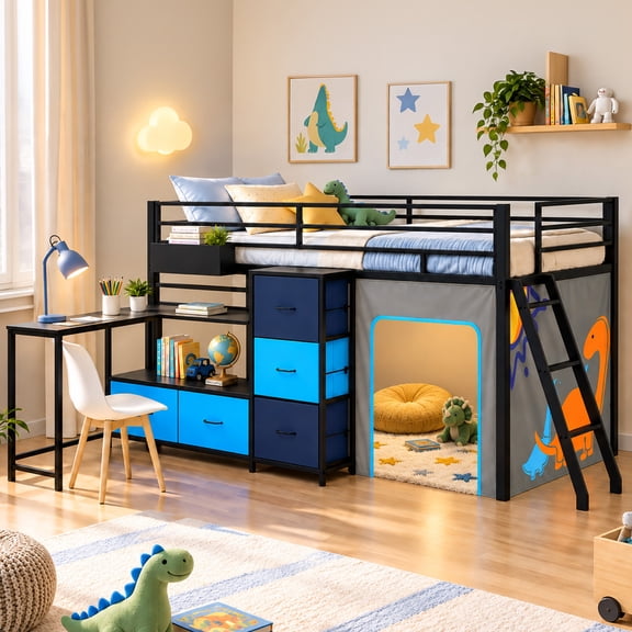 Zimtown Full Size Low Loft Bed with L Shaped Desk and 5 Storage Drawers, Low Profile Floor Bunk Bed Frame with USB Charging and LED Light, Black