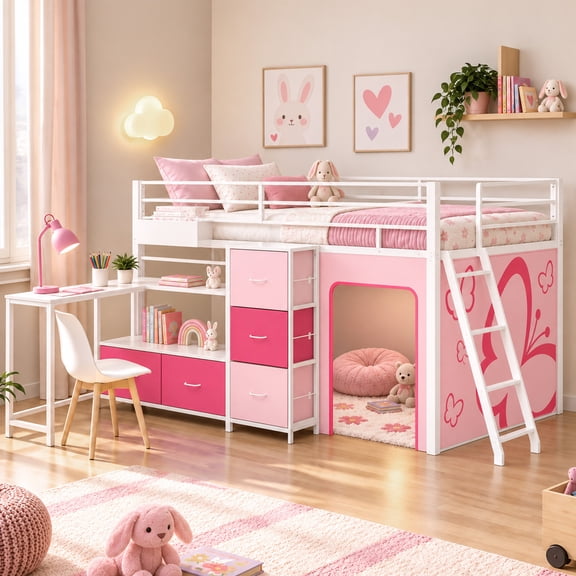 Zimtown Full Size Low Loft Bed with L Shaped Desk and 5 Storage Drawers, Low Profile Floor Bunk Bed Frame with USB Charging and LED Light, White