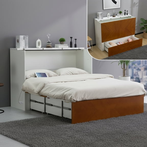Zimtown Full Size Murphy Bed with Storage Drawer Chest, Folding Bed Frame Foldable Cabinet with Charging Station, White