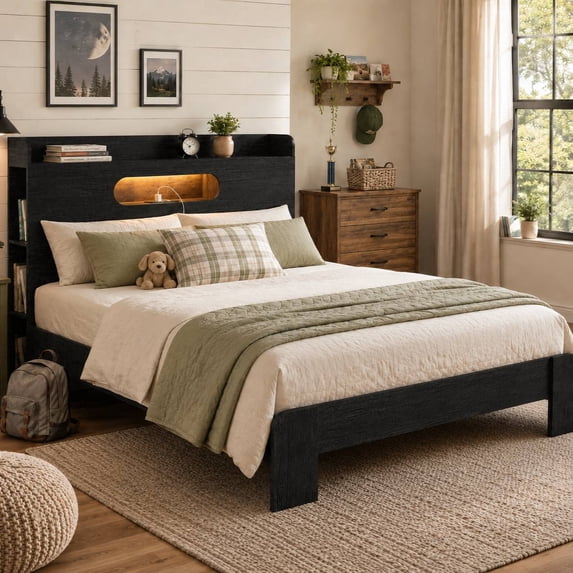 Zimtown Full Bed Frame with Storage Headboard, Platform Bed with LED and Charging Station, Black