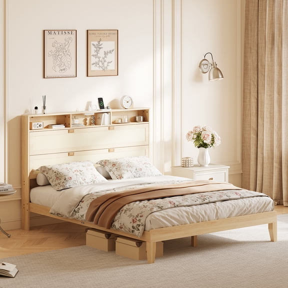 Zimtown Full Size Rattan Bed Frame, Platform Bed Frame with Storage Headboard & Charging Station, No Box Spring Needed