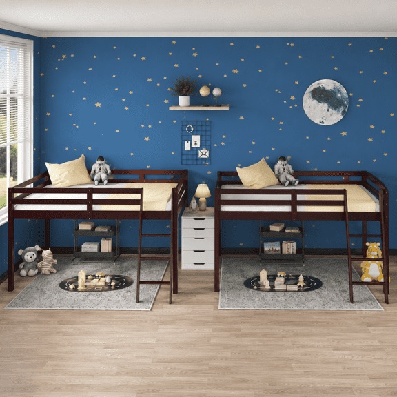 Zimtown Full Size Set of 2 Junior Low Loft Bed with Stairs, White Wood Bunk Bed Frame, No Box Spring Required, Brown