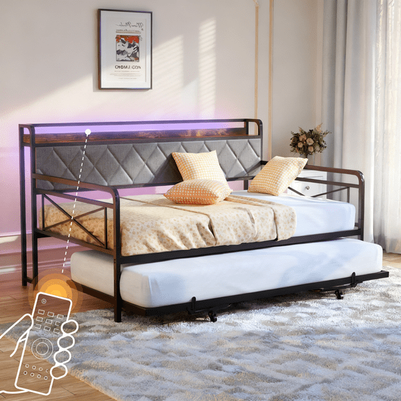 Zimtown Full Size Upholstered Headboard Daybed, Sturdy Metal Sofa Bed Frame with Trundle and Charging Station, Daybed with LED for Guest Room,Gray