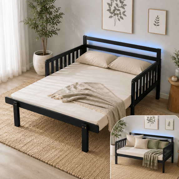 Zimtown Full Size Wood Daybed with LED Light, Platform Bed Frame with Charging Station, Convertible Sofa Bed for Bedroom, Guest Room, Black