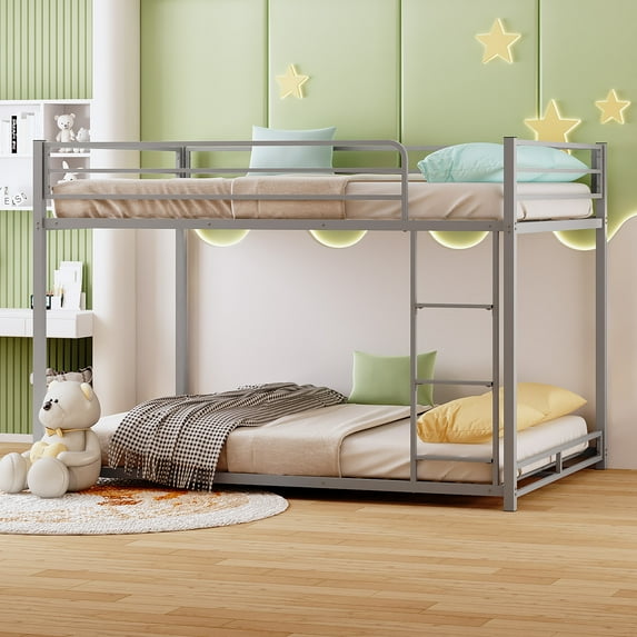 Zimtown Full-over-Full Bunk Bed, Low Profile Junior Bunk Bed Frame, Gray