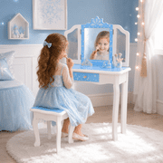 Zimtown Girls Snowflake Style Wooden Makeup Desk w/ Mirror,Stool,Drawer Blue