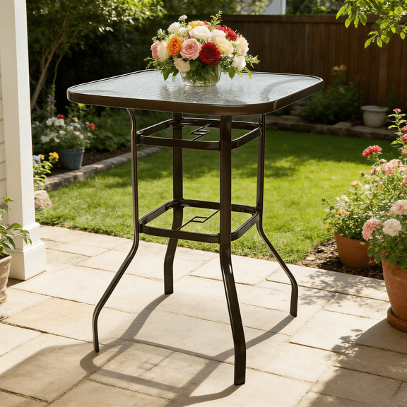 Zimtown Glass Bar Table for Outdoor, Patio Coffee Table, Wrought Iron Buffet Table, Console Table for Garden, Balcony, Deck, Yard