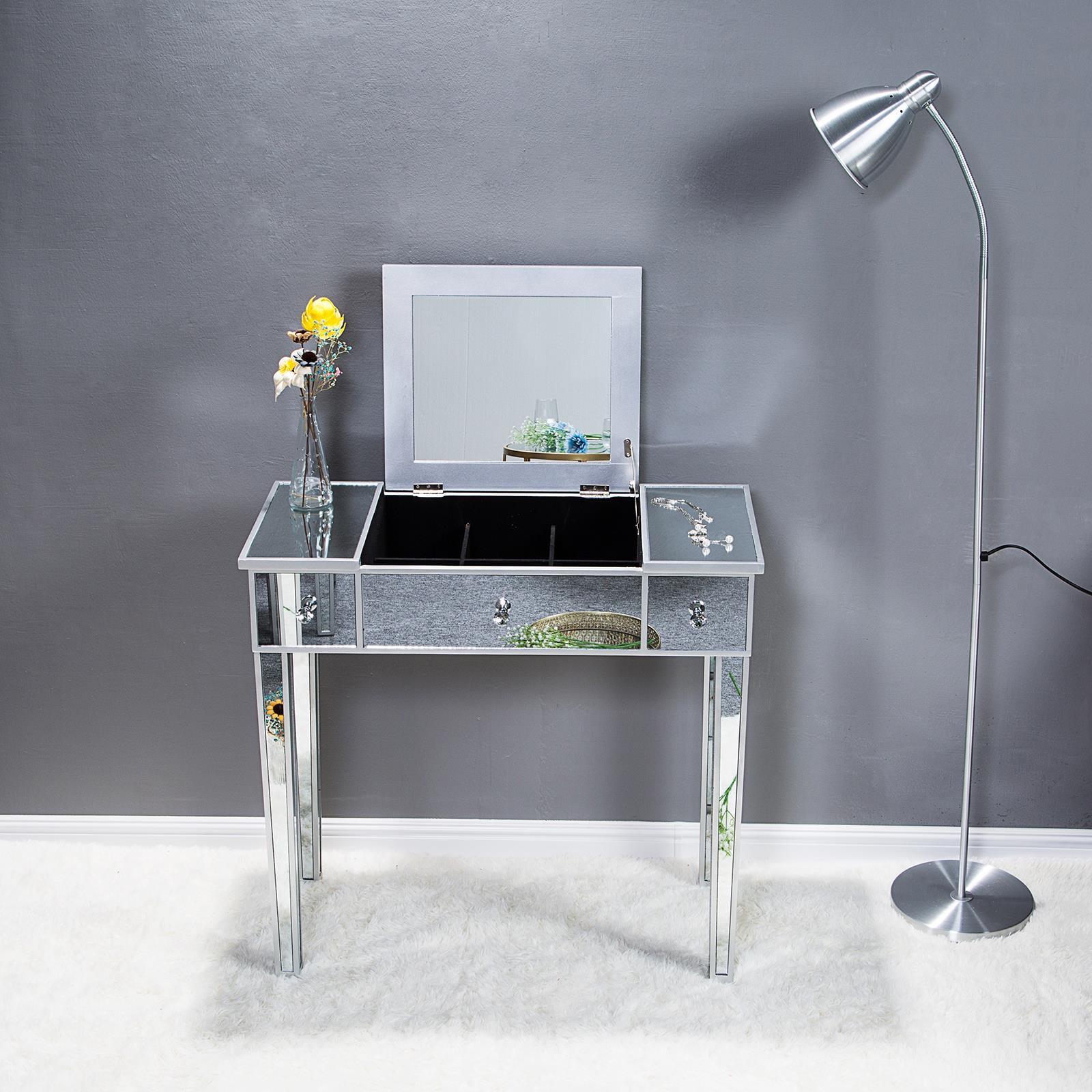 Zimtown Glass Makeup Dressing Table,Mirrored Desk with Flip-top/No Drawer,Silver