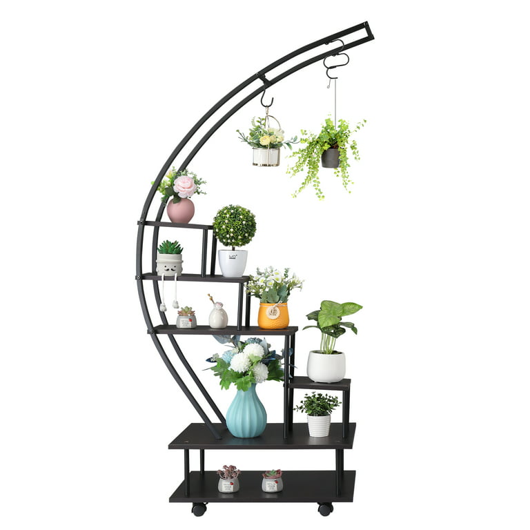 Zimtown Half Moon Plant Holder Stand with Wheels, 6 Layer Metal Rolling  Wood Flower Stand Display Rack w/2 Shelves, Black, 1 PCS 
