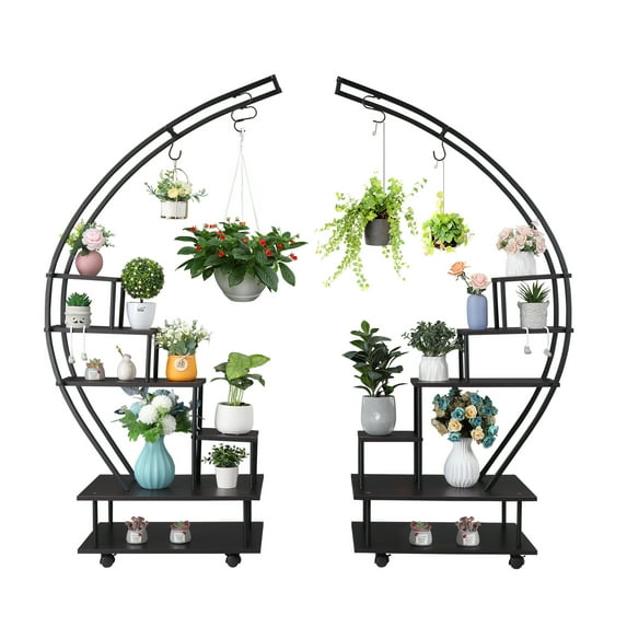 Zimtown Half Moon Plant Holder Stand with Wheels, 6 Layer Metal Rolling Wood Flower Stand Display Rack w/2 Shelves, Black, 2 PCS