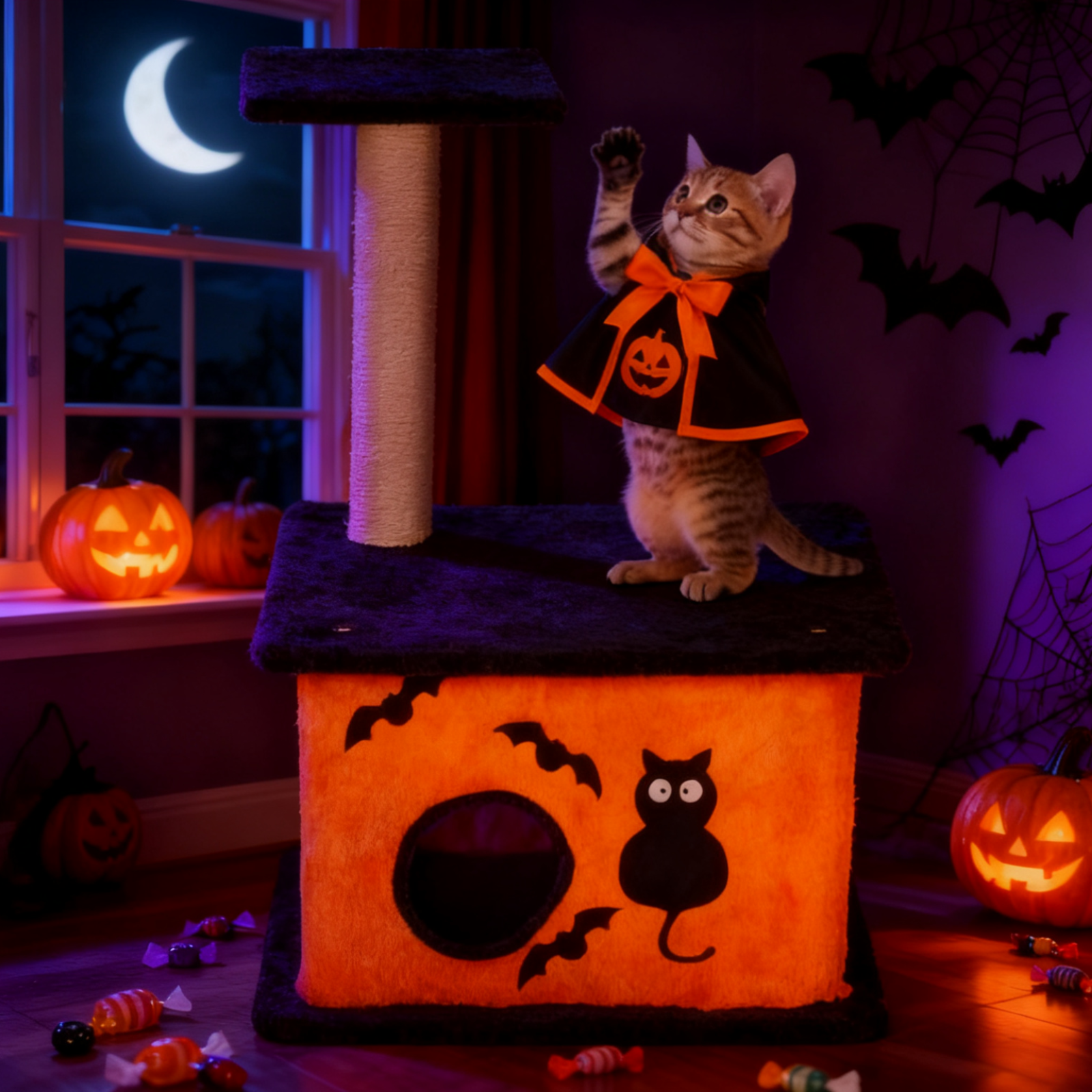 Zimtown Halloween Themed Cat Tree, Two-Level Scary Face Tower for Indoor Cats, Black & Orange
