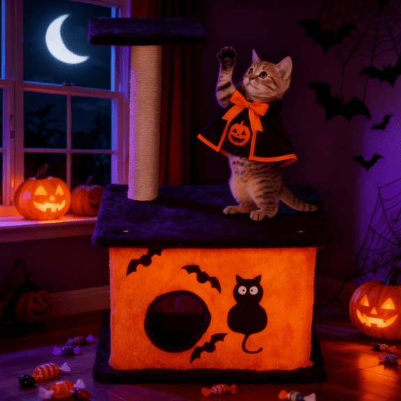 Zimtown Halloween Themed Cat Tree, Two-Level Scary Face Tower for Indoor Cats, Black & Orange