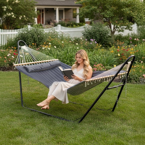 Zimtown Hammock Set, Heavy Duty Double Bar Frame with Quilted Bed & Bottom Storage Net, Gray & Black