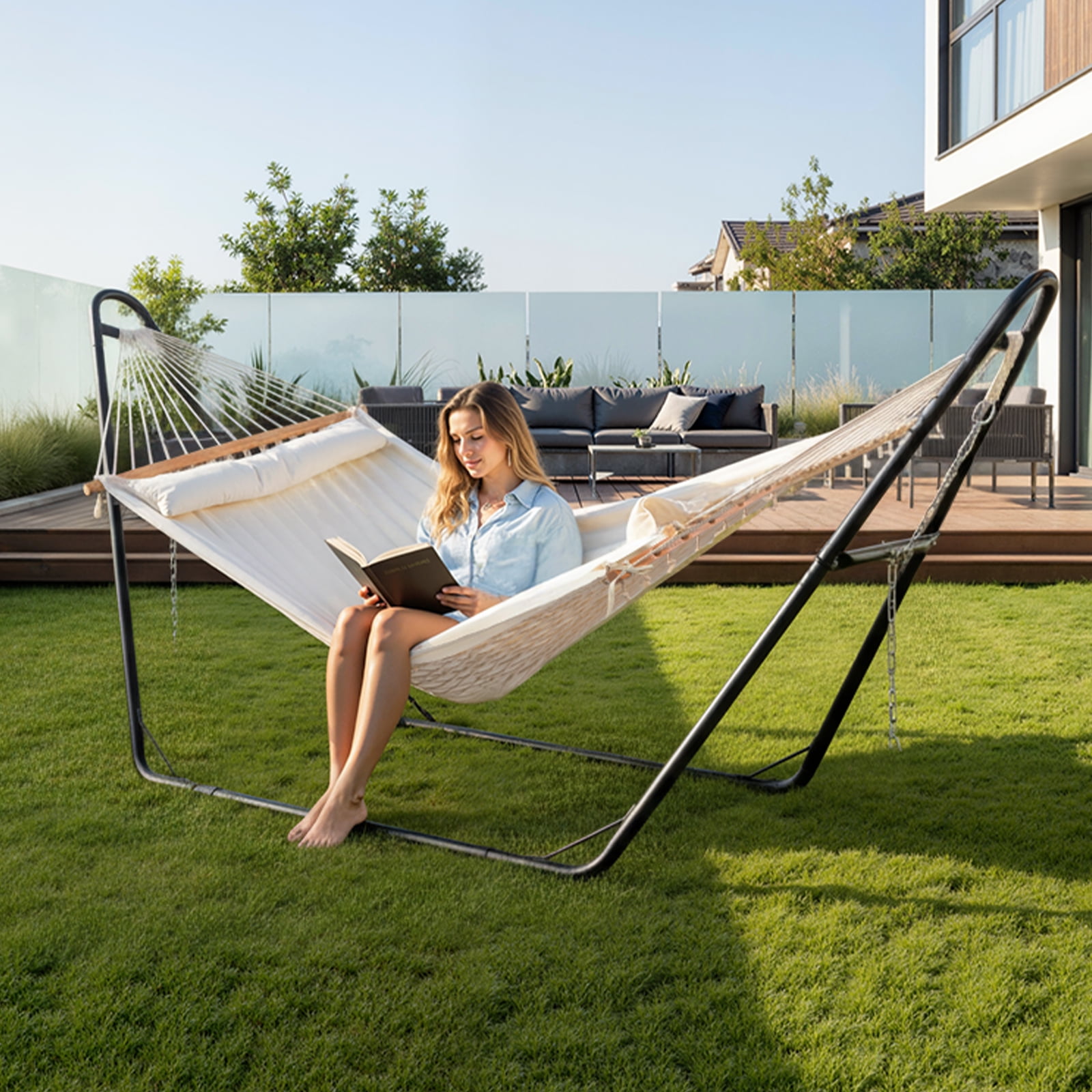 Zimtown Hammock Set, Heavy Duty Double Bar Frame with Quilted Bed & Bottom Storage Net, Beige & Black