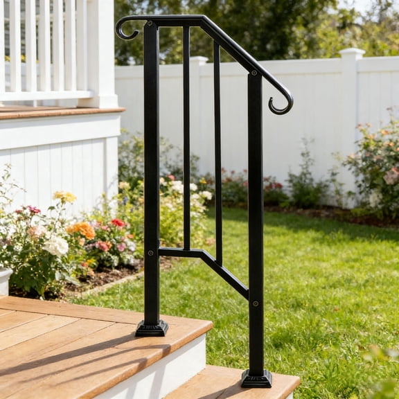 Zimtown Outdoor Iron Staircase Handrail 1 Step Wrought Iron Anti-Rust Powder Coated Black 1-Count