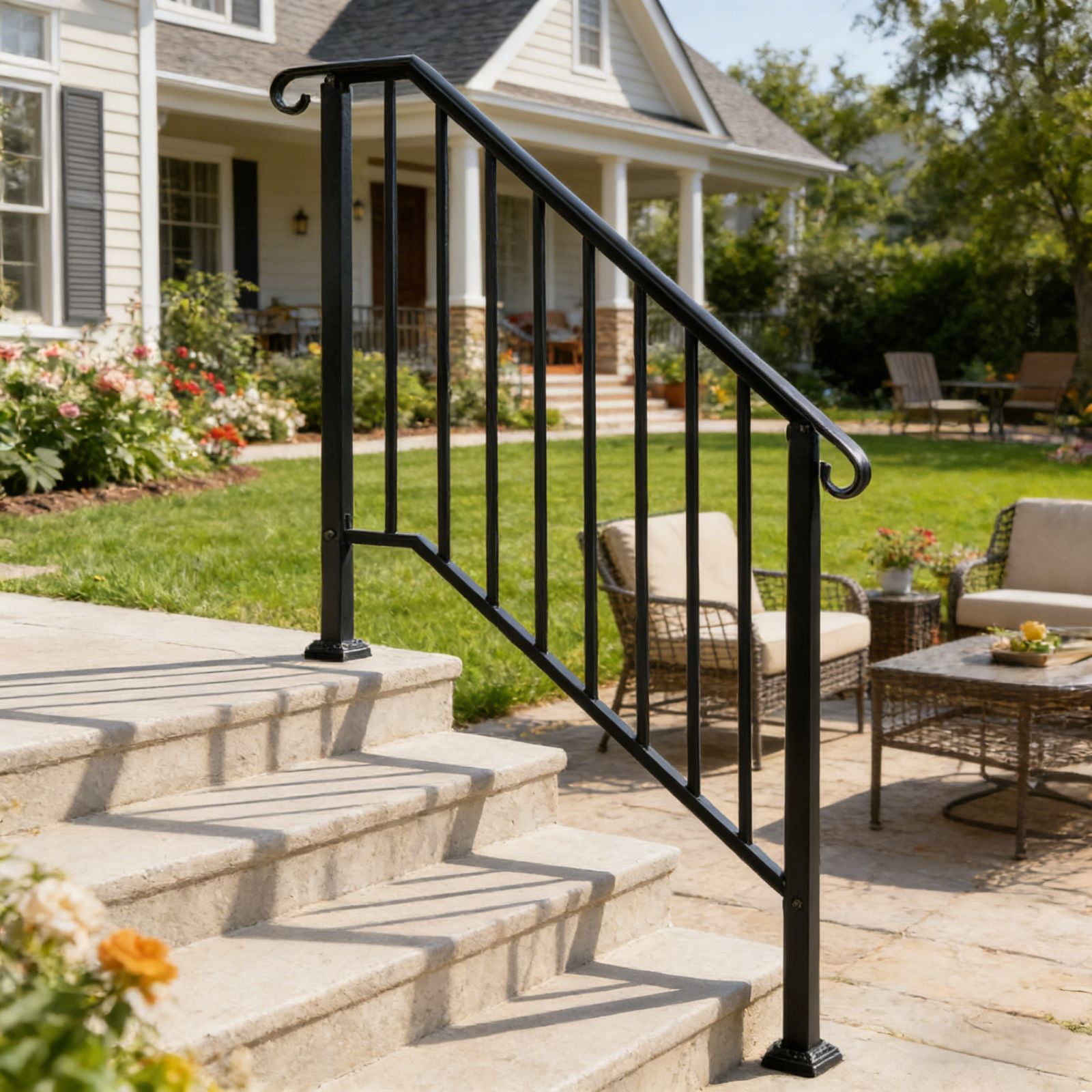 Zimtown, Outdoor Iron Handrail, Fits 3-4 Steps, Matte Black Finish ...