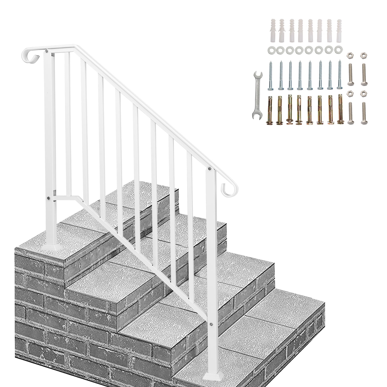 Zimtown Handrails for Outside Steps Handrails for Stairs Fits 1-4 Step Wrought Iron Picket Handrail White