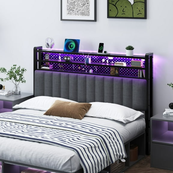 Zimtown Headboard for Full Size Bed with Storage, Linen Upholstered Head Board with LED Light and Charging Station, Gray
