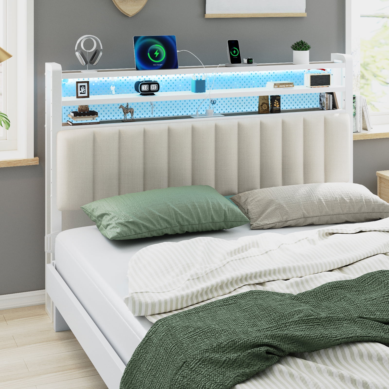 Zimtown Headboard for Full Size Bed with Storage, Linen Upholstered Head Board with LED Light and Charging Station, White